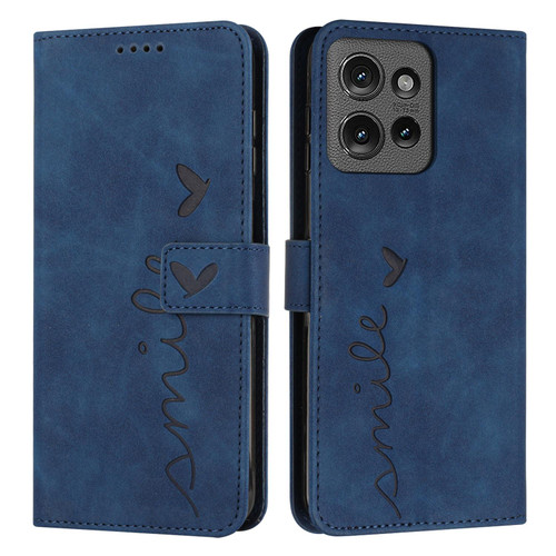 Moto G 2025 Skin Feel Heart Embossed Leather Phone Case with Long Lanyard - Blue